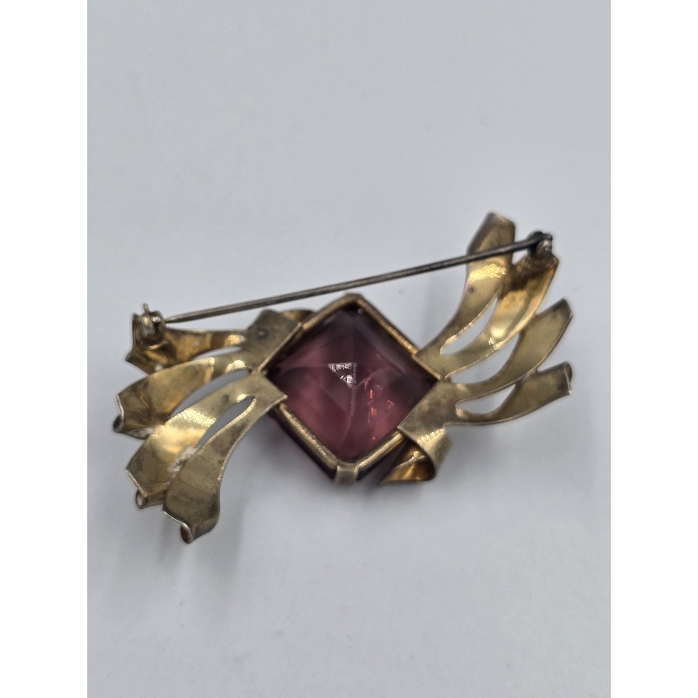 Vintage Sterling Gold Tone Purple Faceted Glass Brooch Pin Art Deco - Picture 9 of 14